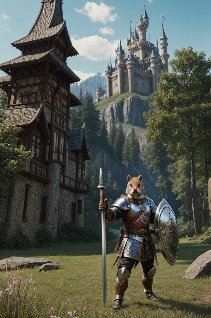 Realistic beaver warrior photo, wearing a shiny armour, sword in one hand and shield in second, epic fantasy castle in the background, one beaver, fantasy, 2 large teeths out