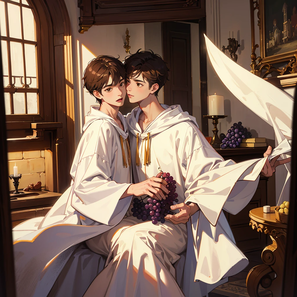 2males, twins, short brown hair, brown eyes, white greek robes, cute, pretty faces, ancient bedroom, wine, grapes