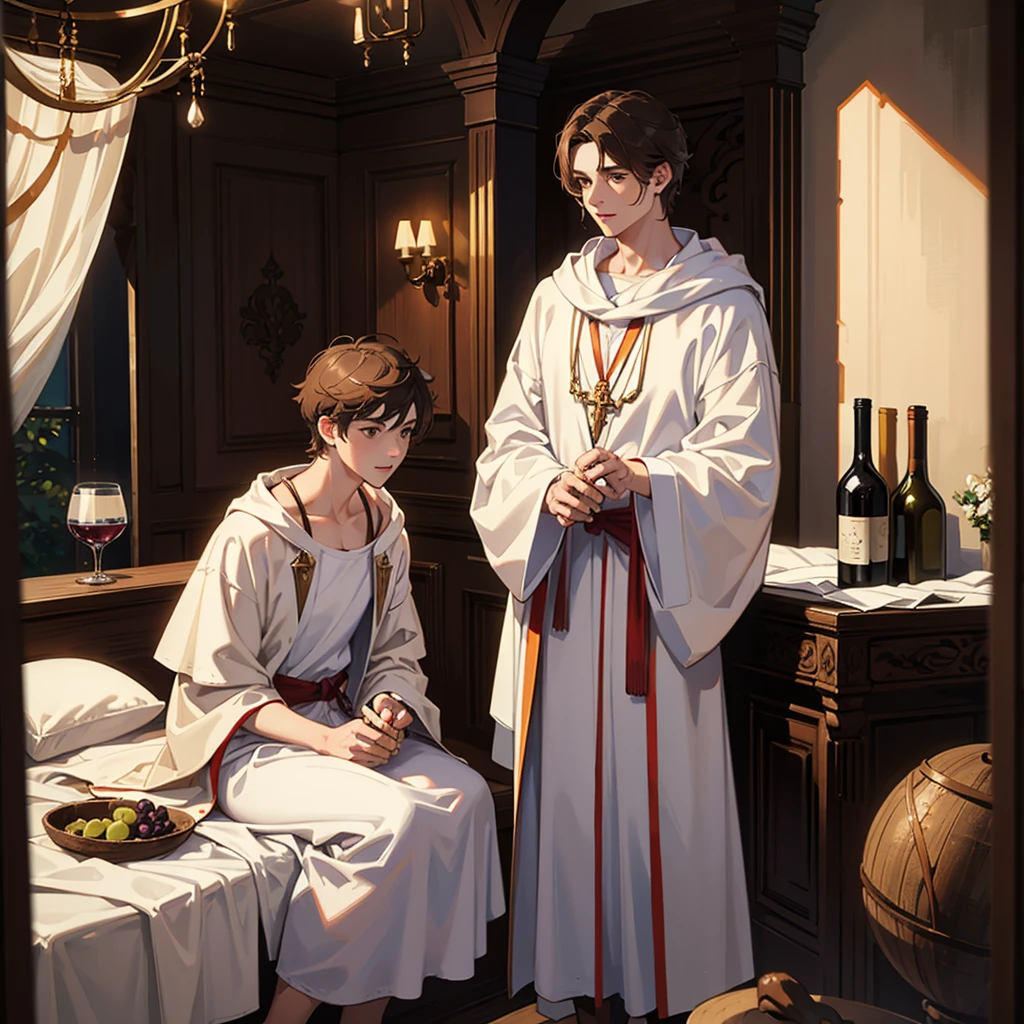 2males, twins, short brown hair, brown eyes, white greek robes, cute, pretty faces, ancient bedroom, wine, grapes