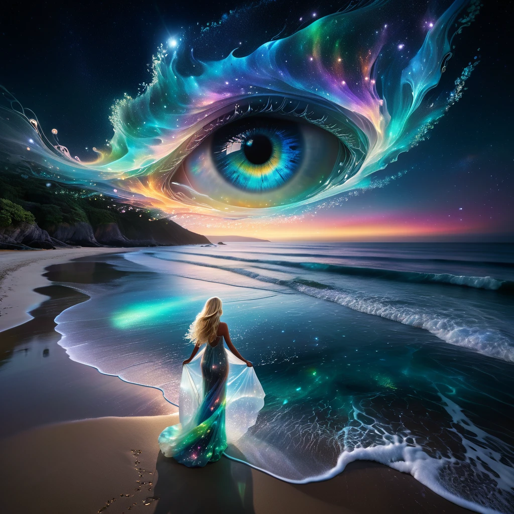 Pristine beach at night with a bioluminescent and crystalline sea, viewed from a high vantage point. Sky: Majestic swirling galaxy forming a giant, detailed eye with vibrant colors reflecting on the water below. Bioluminescent and crystal-clear, with small waves crashing onto the sandy beach. Vivid reflections of the cosmic eye and starry sky on the water's surface. Intricate details in the waves' glow. Blonde woman with long flowing hair, wearing a floating, transparent dress resembling swirling patterns of Aurora Borealis. She stands in contemplation.