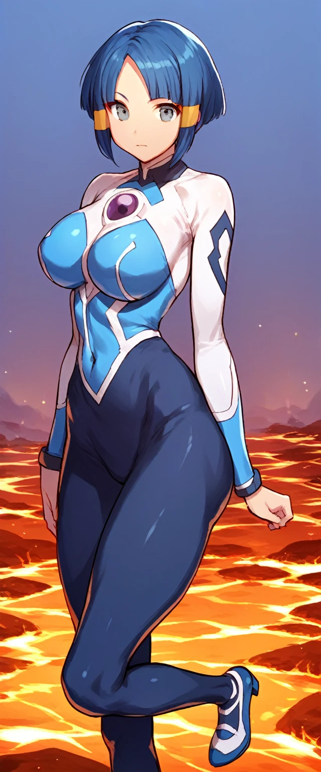 best quality,ultra detailed,solo,score_9, score_8_up, score_7_up, score_6_up, score_5_up, score_4_up, source_anime, 1girl, clara, blue hair, hair tubes, grey eyes, bodysuit,big breasts, standing sexy pose, (front view,portrait),full body, standing on lava,heavenly ass, heavenly breasts, big ass, no shoes, wearing heels, upset, cute, face, long legs, tight bodysuit, tight sleeves, leggings