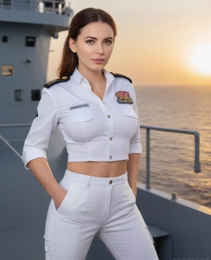 (8K, photorealistic, Raw photo, top quality;1.4) , (1 mature woman), super beauty (Realistic face) Woman in white uniform posing on a warship, big breasts, Woman in military uniform, military uniform trousers, beautiful expression, real leather, Super high resolution, Accuracy details, The deck of a warship, sunset,1 girl