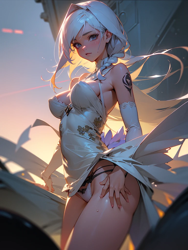 ((Best quality)), ((masterpiece)), (detailed:1.4), 3D, an image of a beautiful cyberpunk female,HDR (High Dynamic Range),Ray Tracing,NVIDIA RTX,Super-Resolution,Unreal 5,Subsurface scattering,PBR Texturing,Post-processing,Anisotropic Filtering,Depth-of-field,Maximum clarity and sharpness,Multi-layered textures,Albeo and Specular maps,Surface shading,Accurate simulation of light-material interaction,Perfect proportions,Octane Render,Two-ton  lighting,Wide aperture,Low ISO,White balance,Rule of thirds,8K RAW,long braid on one side,wet panties,Take the floral panties,white panties,can saw a trace on my underwear vagina,Pink floral panties,two leg only, panties is very wet,The panties are so sheer you can see the pussy,(idle),Spread legs,can see the pussy from panties,black stockings,black garter belt,zoom in pussy,very huge breasts,Breasts as big as watermelons,tight legs,big labia majora pussy,Put hand on the genital area where you are wearing underwear,two women,big tits,There was another woman who was naked Another woman was wearing white lingerie with a floral pattern,very big breasts,big clitoris female genitalia, sci-fi shirt,pubic hair,There is a small tattoo above the genitals,Lace patterned panties,The pussy is dark in color,There is a lot of white hair on the pussy,There is sweat on the body,Pulling up panties to show her pussy,white color hair women,(white color panties),white short skirt ,lots of white fur