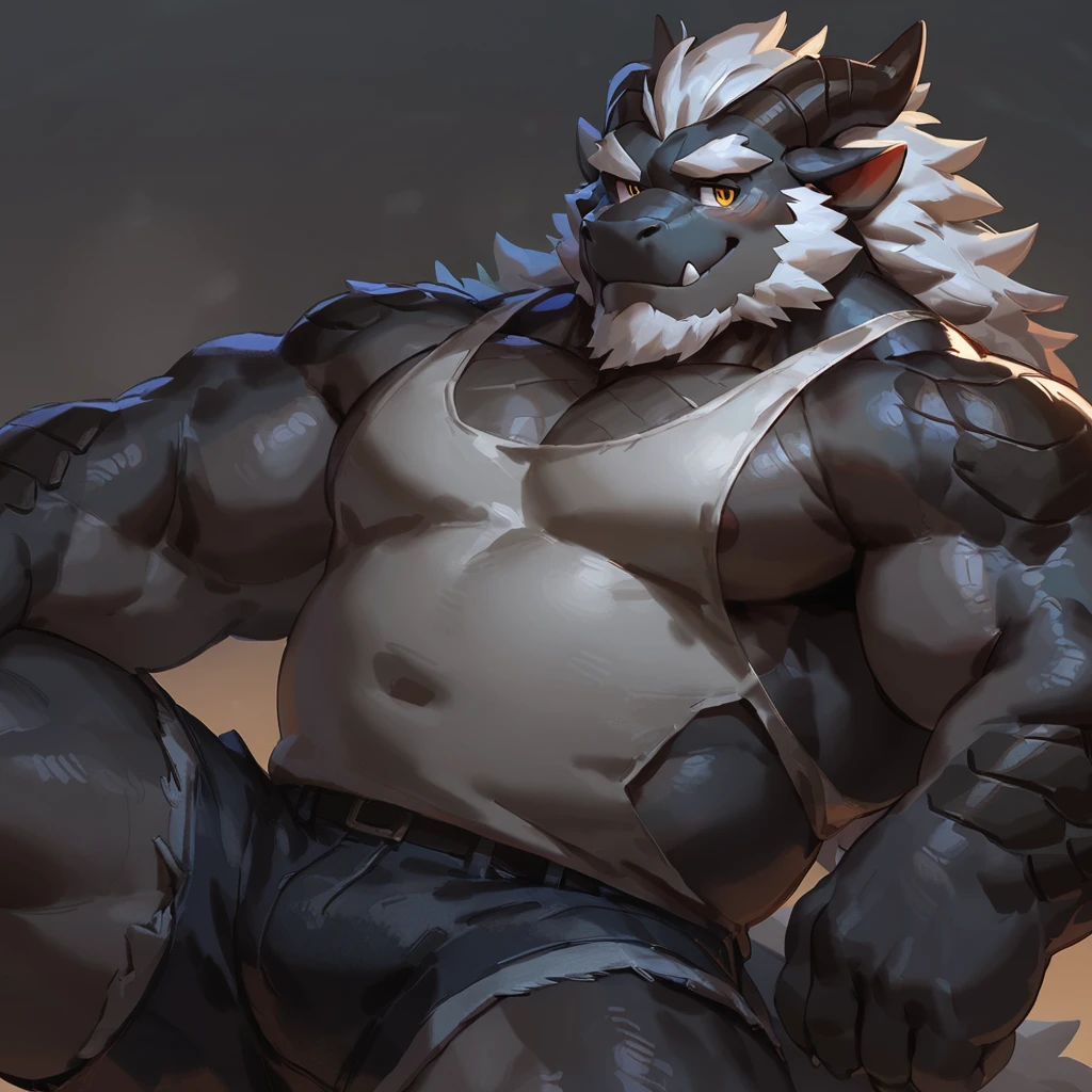 (artist: noku13456, jacketbear, dangpa, null-ghost, lindong, takahirosit),male, sfw, eastern dragon, , bara, big chest, simple bg, one fluffy tail, old man, fluffy mane, , grey body, white hair, solo, scales, detailed scales, tank top, jeans shorts, dragon horns, yellow iris, big eyes, white beard, fluffy hair, detailed face:2.0, one tail, masterpiece:2.0, perfect eyes:2.0, good anatomy:2.0