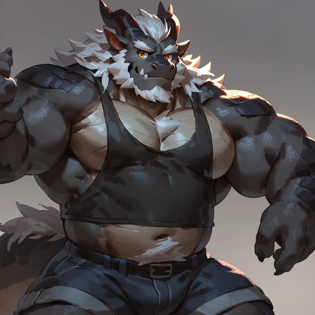 (artist: noku13456, jacketbear, dangpa, null-ghost, lindong, takahirosit),male, sfw, eastern dragon, , bara, big chest, simple bg, one fluffy tail, old man, fluffy mane, , grey body, white hair, solo, scales, detailed scales, tank top, jeans shorts, dragon horns, yellow iris, big eyes, white beard, fluffy hair, detailed face:2.0, one tail, masterpiece:2.0, perfect eyes:2.0, good anatomy:2.0