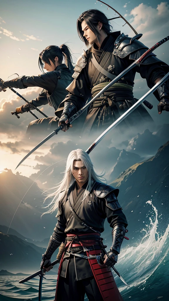 a person with super long platinum hair standing in a field with a rifle, a magic fishing rod weapon, many floating swords, a ninja with a water wave katana, sharp Final fantasy 14, awakened samurai, holding a scythe, a robot with fishing rod, giant scythe, dark ninja Shinobi wielding a naginata, wandering samurai man, playable cart, toad samurai, white mask.