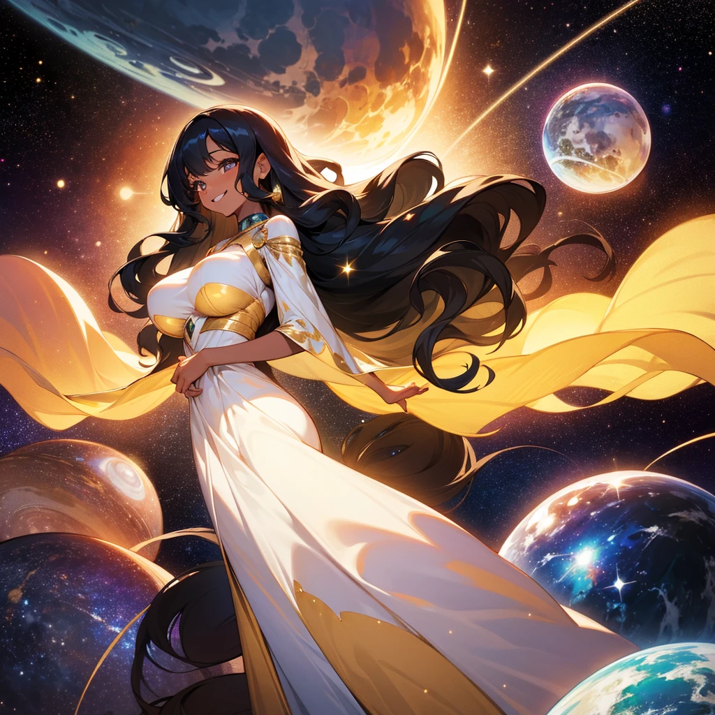 Woman with very long wavy big breast and black hair tan skin wearing a beautiful glitter dress and smiling up. Little, surrounded by outerspace, planets, and galaxies