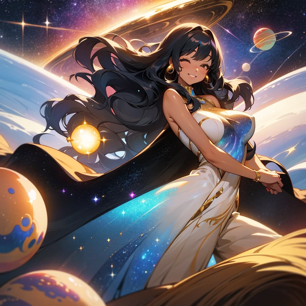 Woman with very long wavy big breast and black hair tan skin wearing a beautiful glitter dress and smiling up. Little, surrounded by outerspace, planets, and galaxies