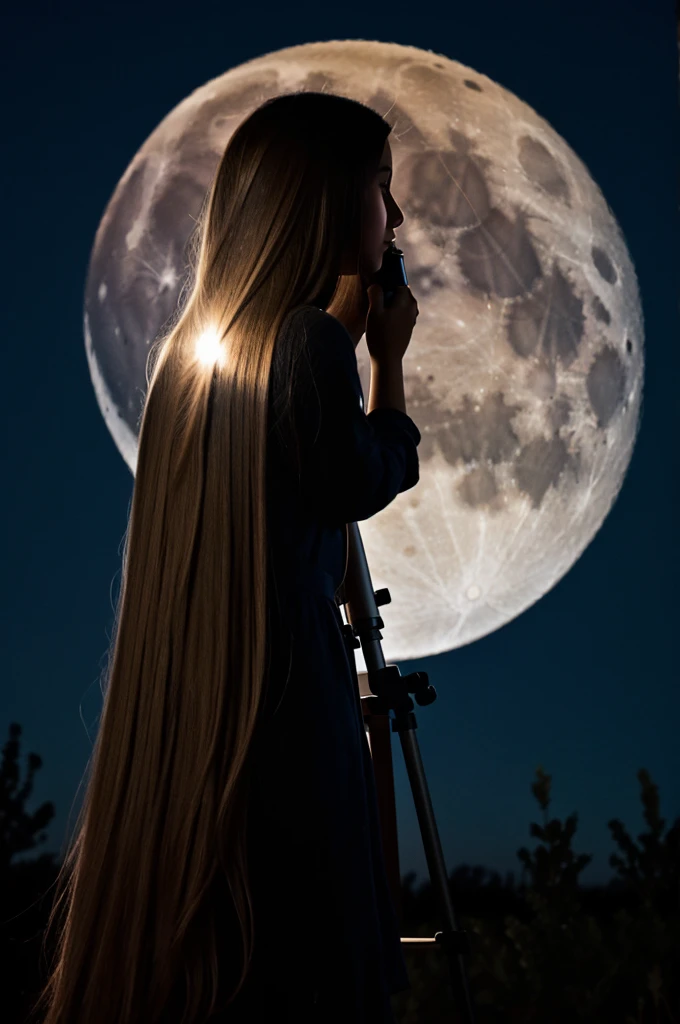 A girl with long hair looks at the moon through a telescope at night