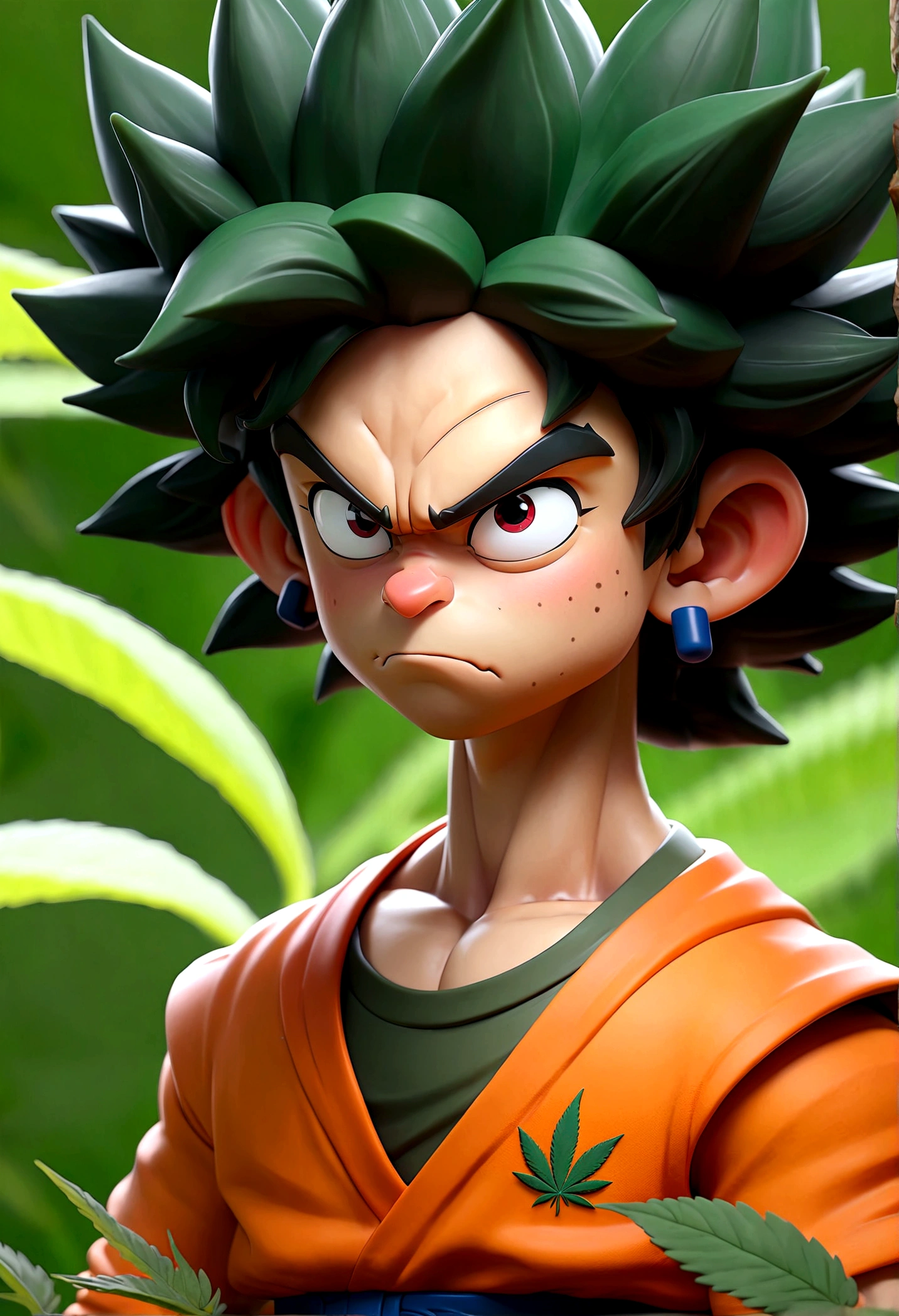 Son Goku en tenue de survêtement Lacoste En train de fumer du cannabis avec les yeux rouges