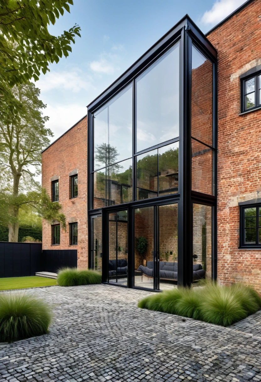 imagine an industrial house with different levels, with a glass wall divided by a massive black iron structure, a wall with English bricks, a black roof with a slope on the left side, grass in front, a stone floor up to the black main entrance door. Houses next door, Olmo trees at the entrance to the house
