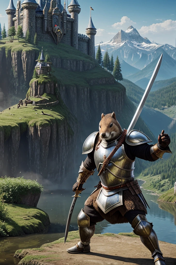 Realistic beaver warrior photo, wearing a shiny armour, sword in one hand and shield in second, epic fantasy castle in the background, one beaver, fantasy, 2 large teeths out