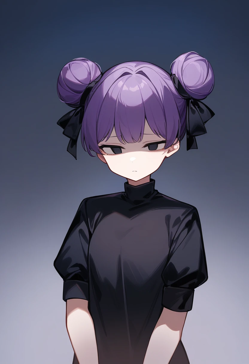purple hair, double bun, hair ribbon, empty eyes,black eyes, expressionless eyes, cowboy shot,simple background masterpiece, best quality, very aesthetic, absurd,