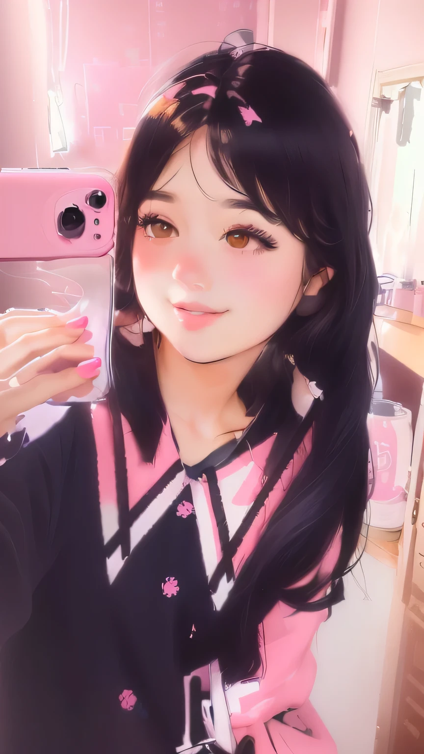 Anime girl taking selfie with mobile phone in the room, Kawaii realistic portrait, 🤤 Girl Portrait, Portrait of Lofy, Realistic cute girl, Lo-Fi Girl, solo portrait 🎨🖌️, Lovely portrait, Digital Anime Illustration, Lovely art style, Popular trends on artstration, Selfie of a young woman, Ulzan, Beauvot Art Style