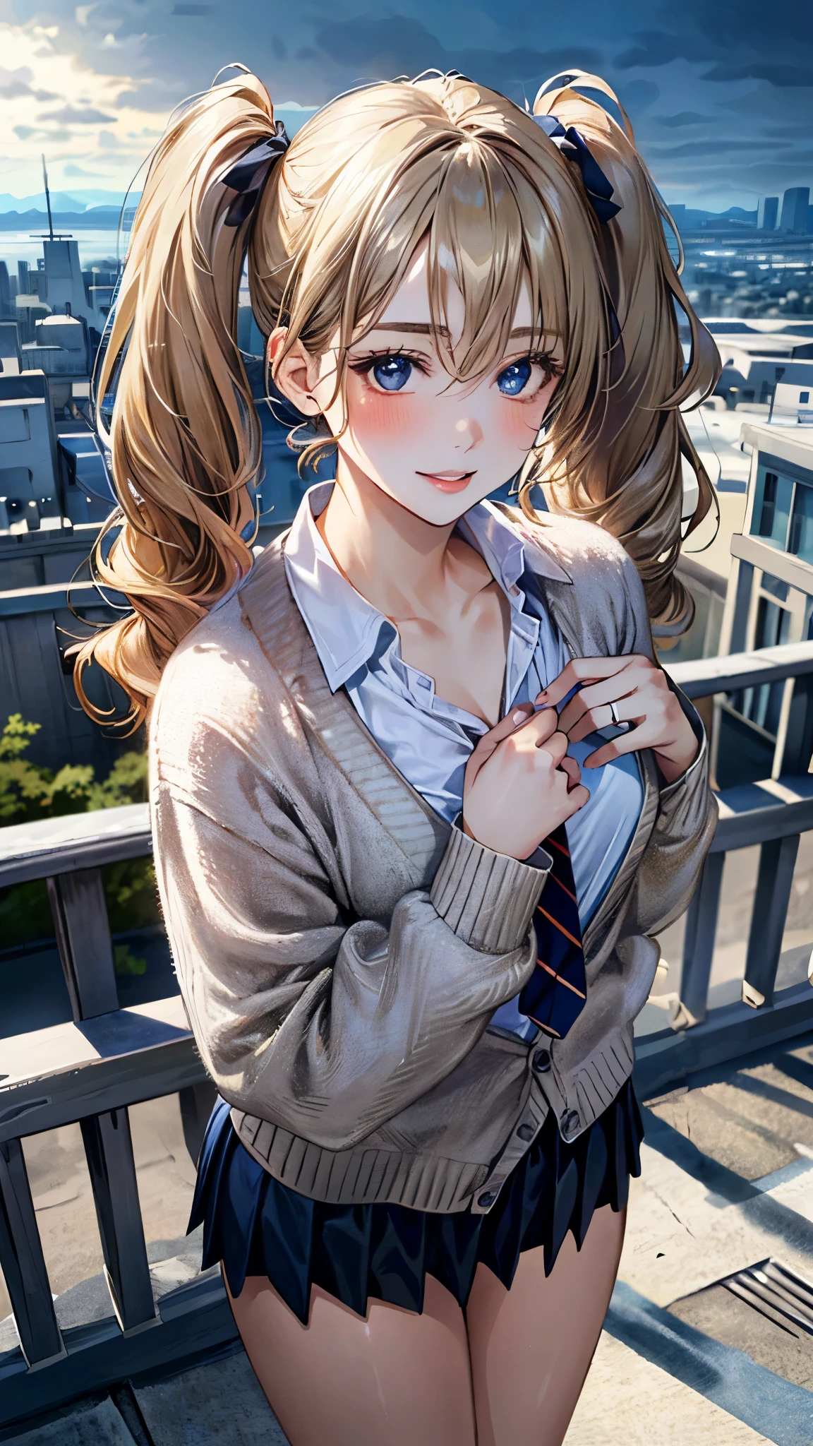 (masterpiece:1.3, top-quality, ultra high res, ultra detailed), (realistic, photorealistic:1.4), beautiful illustration, perfect lighting, natural lighting, colorful, depth of fields, ,
beautiful detailed hair, beautiful detailed face, beautiful detailed eyes, beautiful clavicle, beautiful body, beautiful chest, beautiful thigh, beautiful legs, beautiful fingers, shiny skin, 
looking at viewer, 1 girl, high school girl, (perfect anatomy, anatomically correct, super detailed skin), cute and symmetrical face, face, perfect face, perfect eyes, , 
(long hair:1.4, twin tails:1.2, blonde hair), swept bangs, hair between eyes:0.6, blue eyes, big eyes, long eye lasher, (medium breasts, seductive thighs), slender, skin dendation, 
detailed cloth texture, (navy cardigan:1.2), break, white collared shirt, break, dark red tie, break, blue pleated skirt:1.2, break, 
(beautiful scenery), , evening, (cityscape:1.2), standing, hands on chest, (lovely smile, upper eyes, parted lips), 
