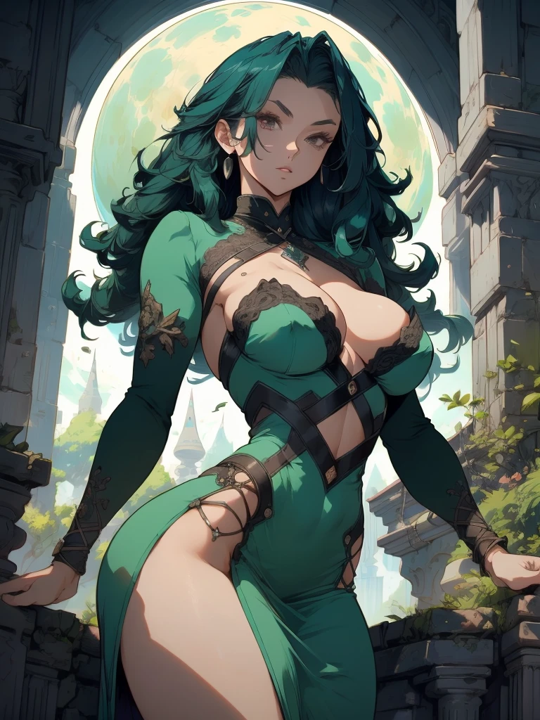 Splash art of 1girl, gothic anime character, beautiful, breasts, big breasts, stunning, cute, deep rich colors, epic, octane rendering, masterpiece, 8k, hd, 4k, highly detailed, sharp focus, Beautiful anime goddess with long green hair, wearing a short dress, breasts, anime key look, moon, large breasts, intricate, hips, highly detailed, wide hips, breathtaking beauty, vibrant and sharp focus, illustration