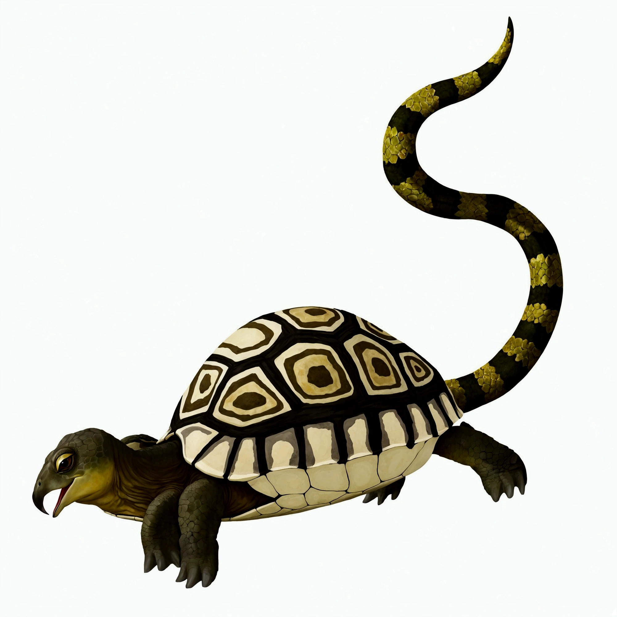 Panorama，There is a creature at the bottom of the river，Bird&#39;s head，The body of a turtle，Snake&#39;s tail，Mysterious Creatures, shrike, (best quality，4K，8K，High level，masterpiece：1.2），Ultra Detailed，（lifelike，Photo real，Photo real：1.37），Highly detailed animals，Complex patterns，Realistic lighting，Fantasy Creatures