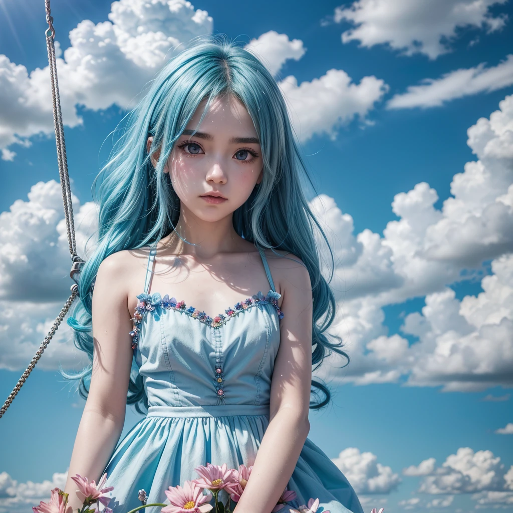 Create an anime avatar of one swinging through the clouds on a swing made of diamonds, your eyes are cyan blue, your crystal blue hair, your sky blue eyebrows, small nose small mouth, wears a long flowery dress, and in front of you is a giant rainbow..  Use anime style.