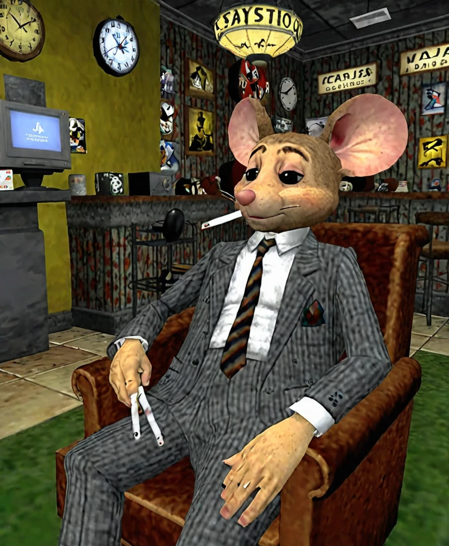 A sad, melancholic, mouse dressed in pajama, Sitting in a sofa in his 1950s bedroom, Playstation 1 Graphics, PS1 Game, low poly, playstation 1 still