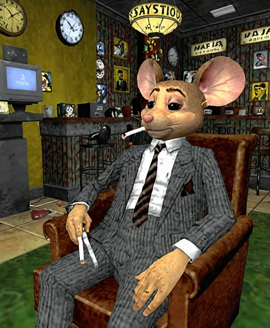 A sad, melancholic, mouse dressed in pajama, Sitting in a sofa in his 1950s bedroom, Playstation 1 Graphics, PS1 Game, low poly, playstation 1 still