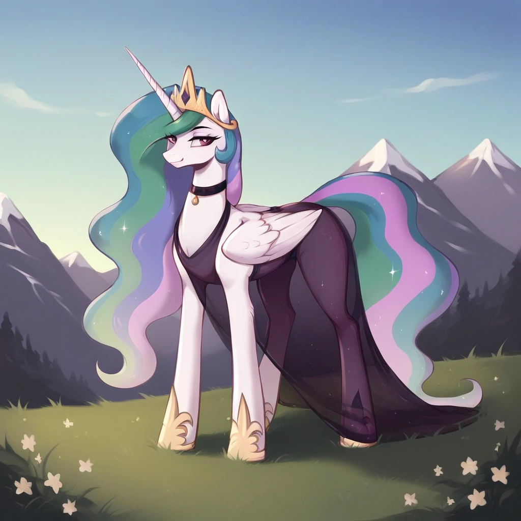 score_9, score_8_up, score_7_up, score_6_up, score_5_up, score_4_up, rating_explicit, outdoors, purple (see through dress and neck choker), solo, feral pony, princess celestia, evil smile, closed mouth,BREAK mountain, day, sky, flower, mountainous horizon, blue sky, grass