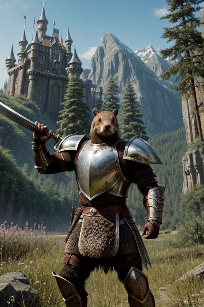 Realistic beaver warrior photo, wearing a shiny armour, sword in one hand and shield in second, epic fantasy castle in the background, one beaver, fantasy, 2 large teeths out