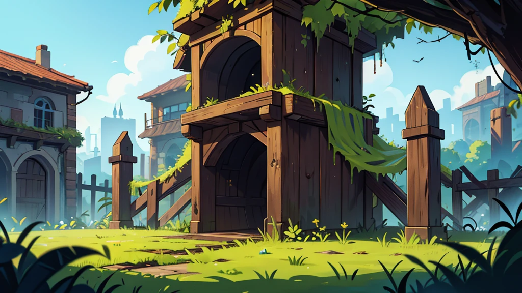 scary dark gates to a city, covered in slime, broken wooden fortifications, gates closed very dark muddy grounds with tall yellow weeds