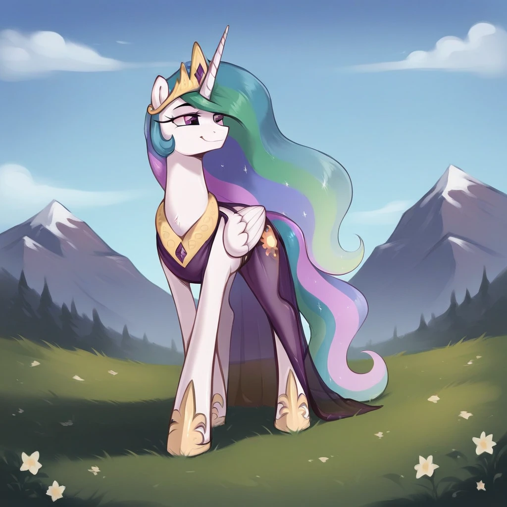 score_9, score_8_up, score_7_up, score_6_up, score_5_up, score_4_up, rating_explicit, outdoors, purple (see through dress), solo, feral pony, princess  celestia, evil smile, closed mouth,BREAK mountain, day, sky, flower, mountainous horizon, blue sky, grass 