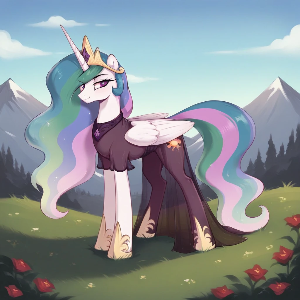score_9, score_8_up, score_7_up, score_6_up, score_5_up, score_4_up, rating_explicit, outdoors, purple (see through dress), solo, feral pony, princess celestia, evil smile, closed mouth,BREAK mountain, day, sky, flower, mountainous horizon, blue sky, grass