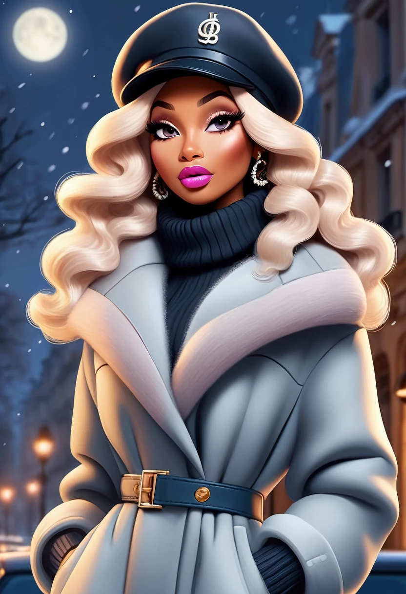 close up image shows the face well Singer Nick Minaj body with curves in beret fashionable coat in paris on a beautiful winter night Painting vector art,cartoon with details.