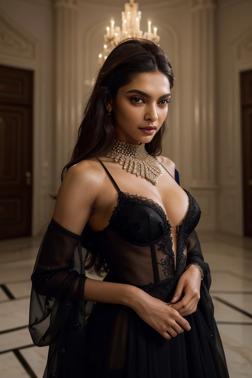 A stunning, glamorous woman named deepika padukone in black sheer, sexy designer clothing, beautiful detailed eyes, beautiful detailed lips, extremely detailed face, long eyelashes, high fashion model posing confidently, intricate lace bodice, flowing chiffon fabric, luxurious fur coat, glowing skin, dramatic lighting, moody, cinematic, (best quality,4k,8k,highres,masterpiece:1.2),ultra-detailed,(realistic,photorealistic,photo-realistic:1.37), fashion photography, haute couture, couture, editorial, vogue