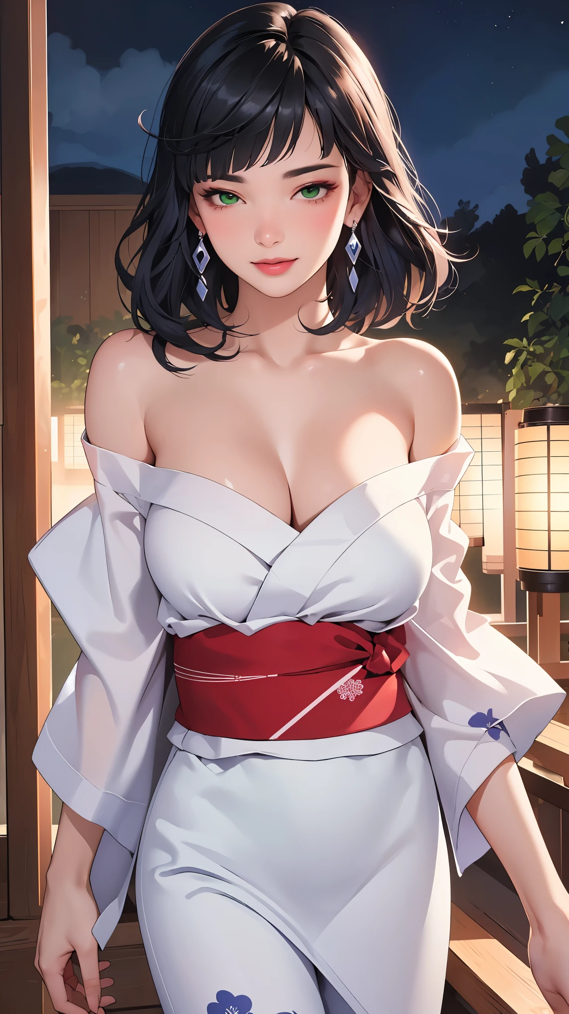 ((((masterpiece, best quality, high resolution)))), Extremely detailed 8K, Beautiful girl with voluptuous body, (Ultra HD, Ultra-detailed, Highly detailed, Highly realistic, Ultra-realistic, photograph realistic), (1girl:1.5), (Realistic black hair), (short wavy hair, hair ornaments, earrings), (dynamic poses), facing at camera, looking at viewer, (blushing red, embarrassed, smile), (green eyes, sharp eyes), (big perky breasts:1.2), (beautiful detailed face, beautiful detailed eyes), ((off shoulder fluffy yukata)), (detail pussy), (standing up), sweat, glow, (nightlight), ((cowboy shot)), firework festival, seductive