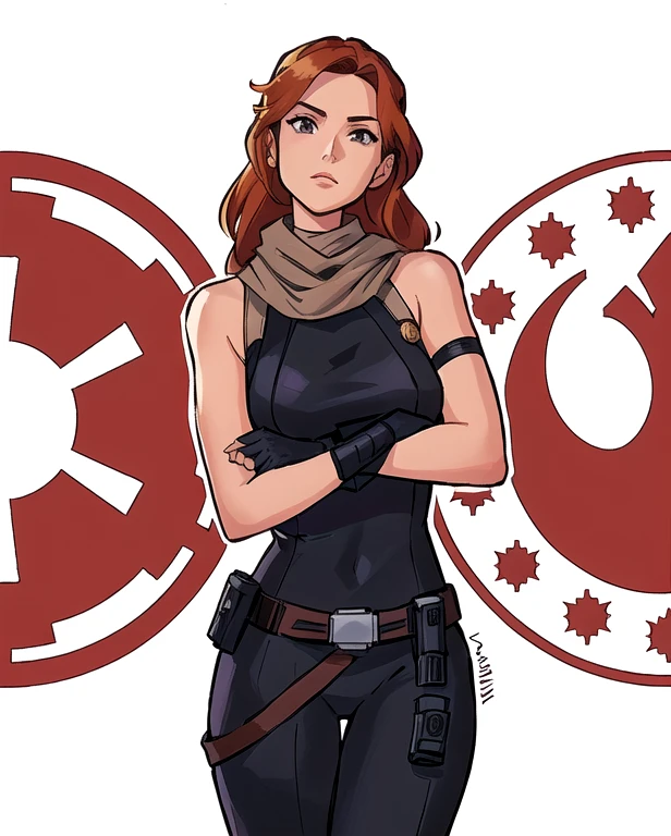 a cartoon of a woman in a black outfit with a star wars emblem, mara jade skywalker, mara jade, jaina solo, phil noto comicbook cover art, phil noto, phil noto comic art, inspired by Shog Janit, an imperial agent from star wars, solo female character, full color illustration, full color digital illustration, star wars character