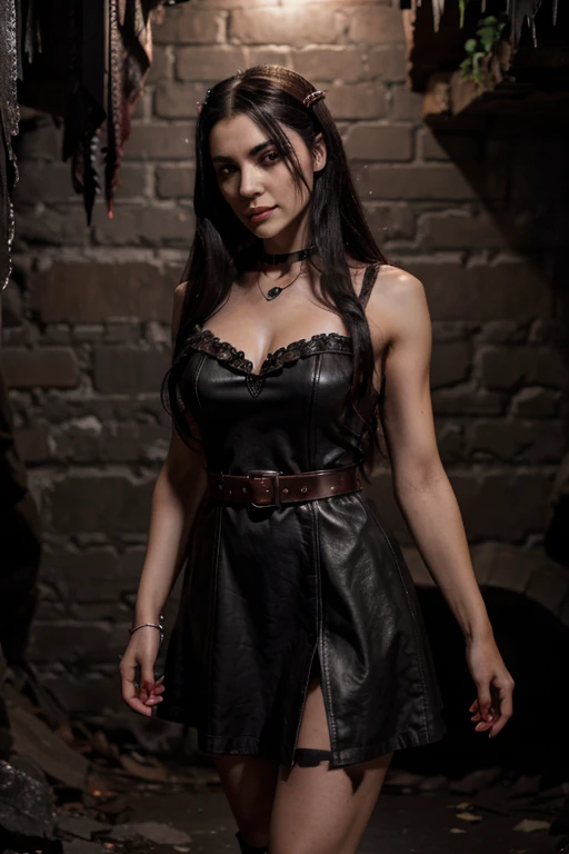Lolita Cortés, 30 Days of Night Vampire, 40 years old, long messy black hair, slim and muscular build, black eyes with reddish violet irises, gray leather vintage gothic vampire dress, snake belt, light brown combat boots, pendant ruby with silver diadem, cave background in the dark