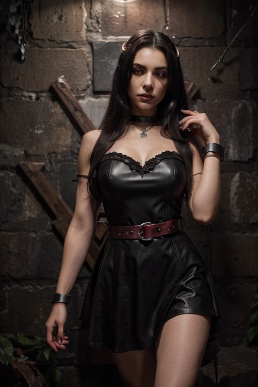 pretty goth girl, red lipstick, blue eyes, topless, black dress, in a dungeon, tatoos