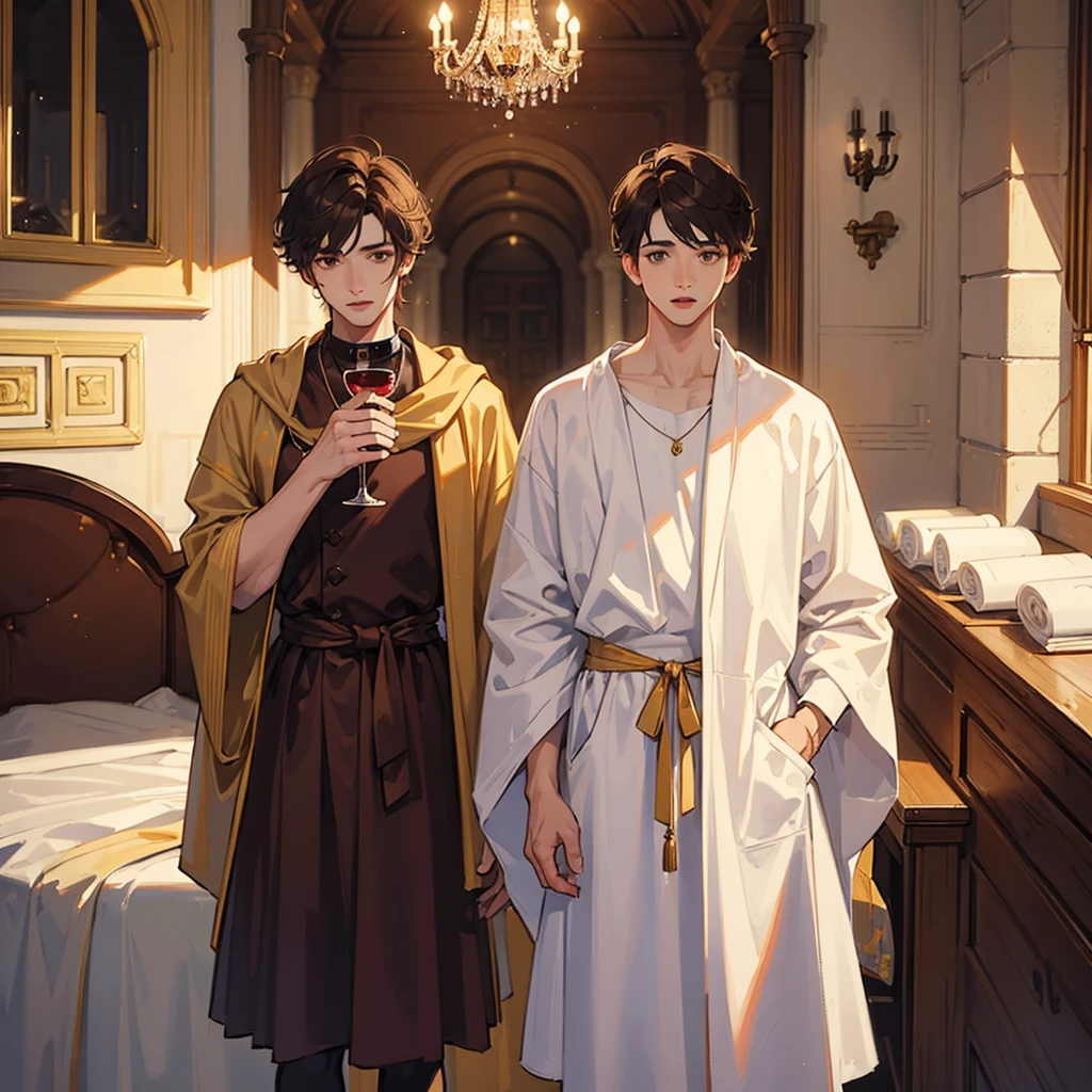 (((2males))), ((twins)), short brown hair, brown eyes, white greek robes, cute, pretty faces, ancient bedroom, wine, grapes