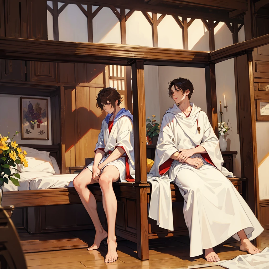 (((2males))), ((twins)), short brown hair, brown eyes, white greek robes, cute, pretty faces, ancient bedroom, wine, grapes