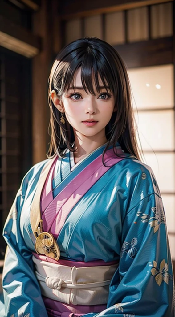 (Realistic)、(Realistic:1.2)、(High resolution)、Very detailed、Very beautiful face and eyes、1 girl、Delicate body、(highest quality、Attention to detail、Rich skin detail)、(highest quality、8k、Oil paint:1.2)、Very detailed、(Realistic、Realistic:1.37)、Bright colors、Full Body Shot,black_hair, Beautiful 8k eyes,Looking_in_Audience,One person in,Are standing,((Very beautiful woman, Fuller lips, Japanese pintern kimono))、((Colorful Japanese kimono)))、(((blackhair)))、(((Blunt bung,long straight hair)))、((( Inside an old Japanese house with a (short focus :1.4),)))、(masterpiece, highest quality, highest quality, Official Art, beautifully、aesthetic:1.2),(Fractal Art:1.3),Sengoku period、Greg Rutkowski Written by Alphonse Mucha Ropp,short ,uchikake,nishijin ori,(realistic light and shadow), (real and delicate background),(muted colors, dim colors, soothing tones:1.3), low saturation, (hyperdetailed:1.2), (noir:0.4),drow,blurry_light_background, (vibrant color:1.2), cinematic lighting, ambient lighting,Single Shot,Shallow Focus,pink lip,blurry light background,