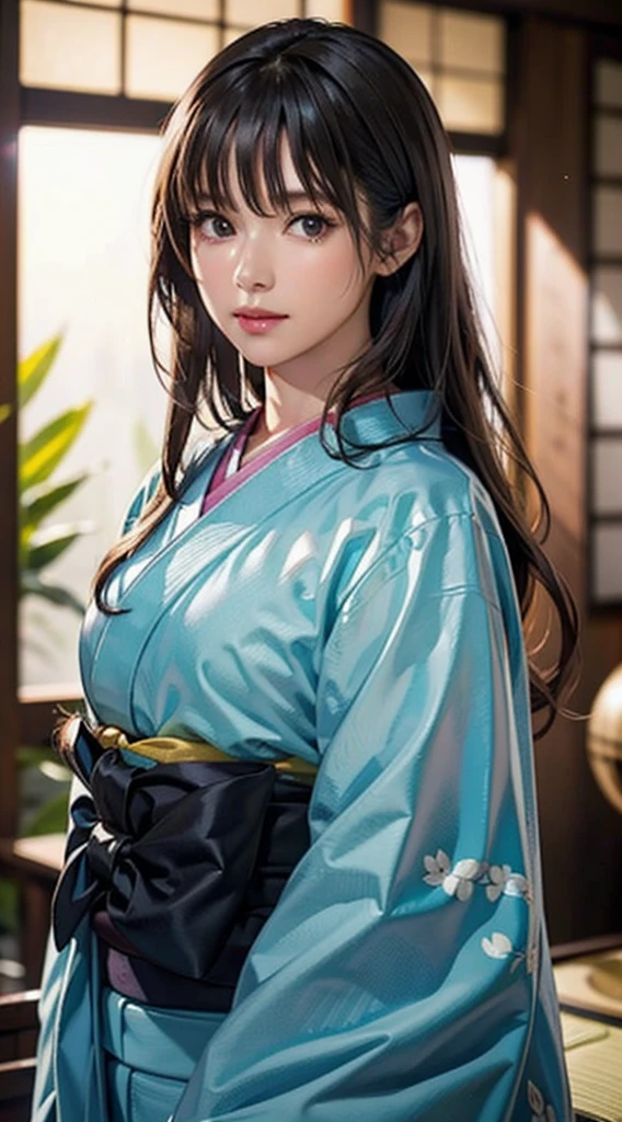 (Realistic)、(Realistic:1.2)、(High resolution)、Very detailed、Very beautiful face and eyes、1 girl、Delicate body、(highest quality、Attention to detail、Rich skin detail)、(highest quality、8k、Oil paint:1.2)、Very detailed、(Realistic、Realistic:1.37)、Bright colors、Full Body Shot,black_hair, Beautiful 8k eyes,Looking_in_Audience,One person in,Are standing,((Very beautiful woman, Fuller lips, Japanese pintern kimono))、((Colorful Japanese kimono)))、(((blackhair)))、(((Blunt bung，long straight hair)))、((( Inside an old Japanese house with a (short focus :1.4),)))、(masterpiece, highest quality, highest quality, Official Art, beautifully、aesthetic:1.2),(Fractal Art:1.3),Sengoku period、Greg Rutkowski Written by Alphonse Mucha Ropp,short ,uchikake,nishijin ori,(realistic light and shadow), (real and delicate background),(muted colors, dim colors, soothing tones:1.3), low saturation, (hyperdetailed:1.2), (????:0.4),drow,blurry_light_background, (vibrant color:1.2), cinematic lighting, ambient lighting,Single Shot,Shallow Focus,pink lip,blurry light background,