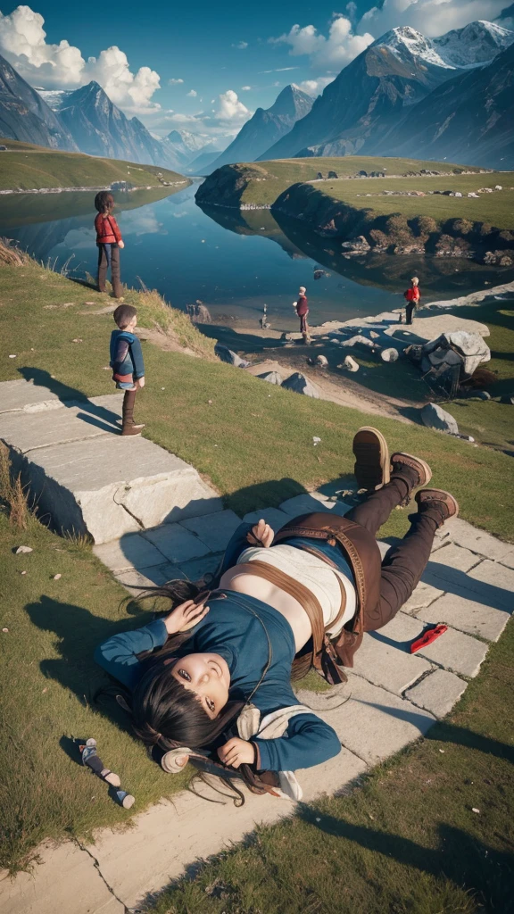 a woman lying on the ground surrounded by little people,little people walking on her lap, Gulliver's Travels, Gulliver's Travels, maurizio cattelan, detailed conceptual photography, sports creative image composition, surreal object photography, by Storm Thorgerson, surreal nightmare scene, miniature photography, film stills from God of War, by Leandro Erlich, terry gilliam, little people!! !, manipulation.fan bing.
