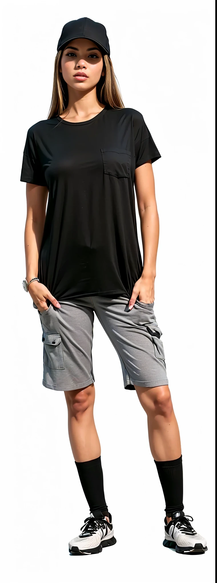 fit woman in black shirt and gray shorts posing for a photo, complete view, with two front pockets, full height view, wearing shorts and t-shirt, full body view entrelaçada, full body view, placed against a white background, casual modern clothing, complete view do corpo e da cabeça, full body distant view, Accurate shot ( FS )