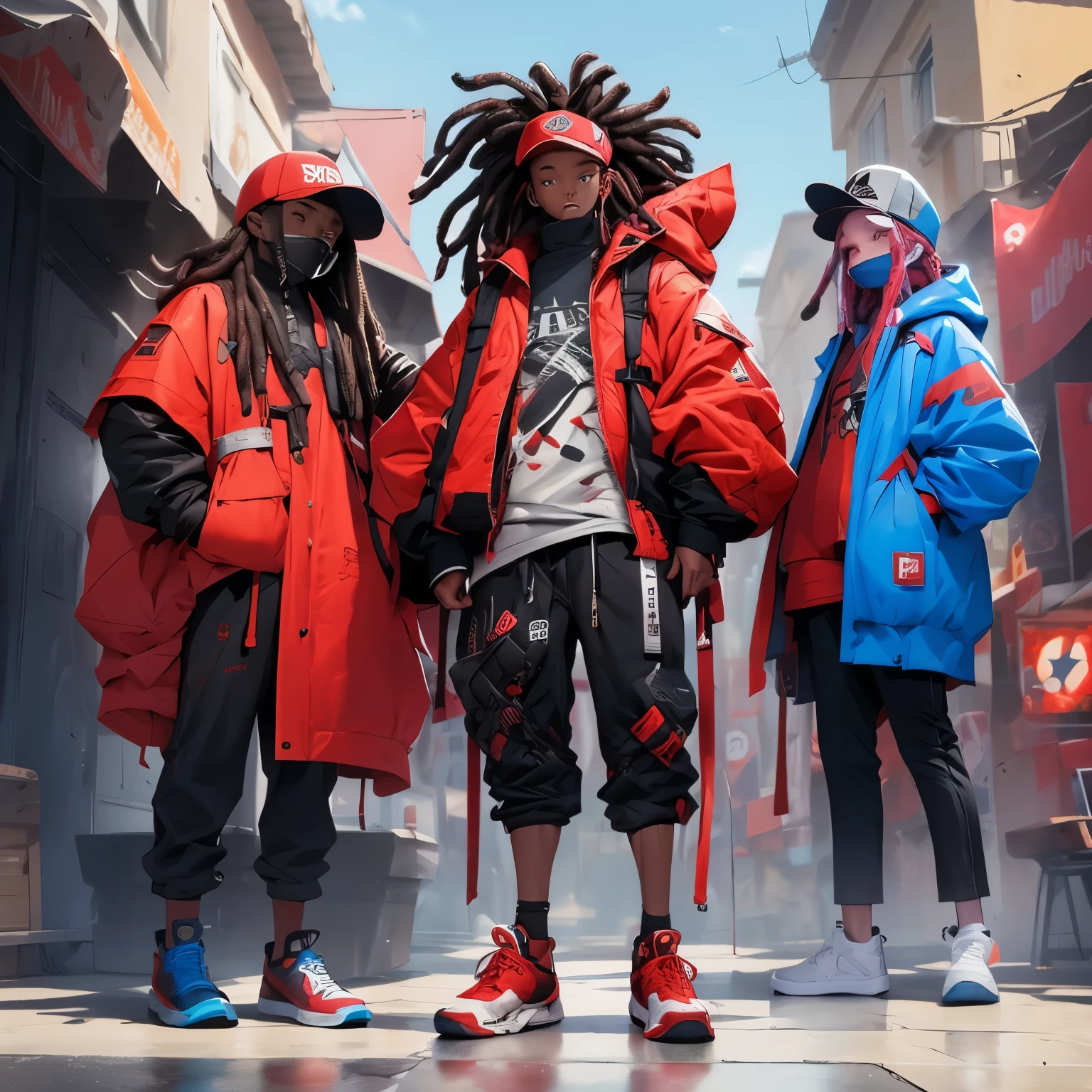 un homme noir rappeur avec des dreadlocks, en survêtement (( rouge )) avec une casquette (( bleu )) des baskets (( blanche )), debout sur un échiquier