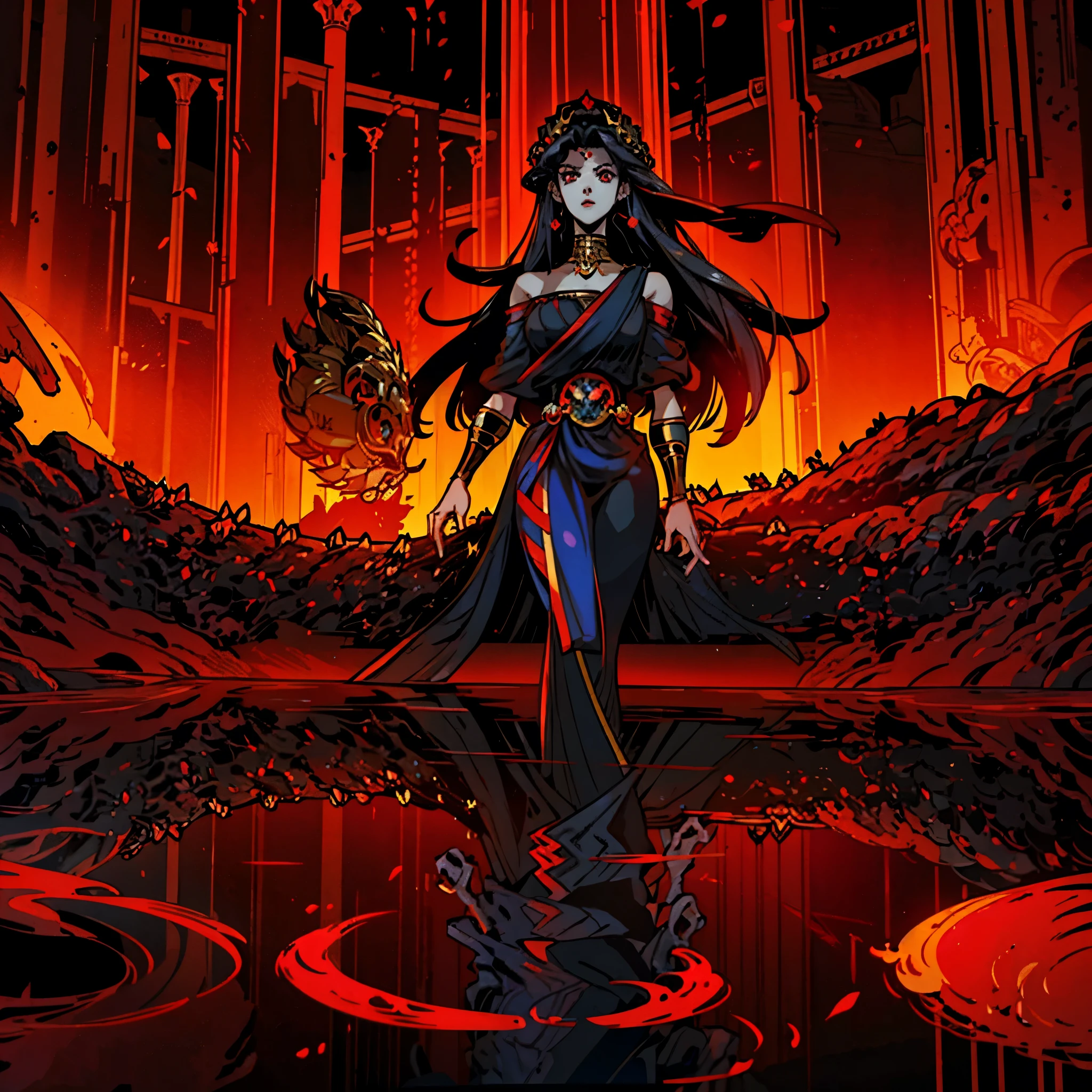 1girl, alone, 25 years old, grand, tall, black hair, red eyes, insister sur les reflets des yeux rouges, (high quality:2), cheveux noirs, long hair, boss, black outfit, black clothes, black pants, masculine clothes, masculine outfit, frowning, hades style, hades game, Jen zee style, greek themed image, greek background, thanatos, tartarus scenery, red fumes, black clouds, greek columns in background, lots of columns, greek architecture, black themed image, red touches of color, orange walls, looking at viewer, holding the stygian blade hades game wiki, hades, game, wiki, obols, stygius, Eris inspiration, Alecto, Charon, Hecate, Hades character, Meg, Megara, Megaera, Moros, Nemesis, armor, Nemesis armor, Tisiphone