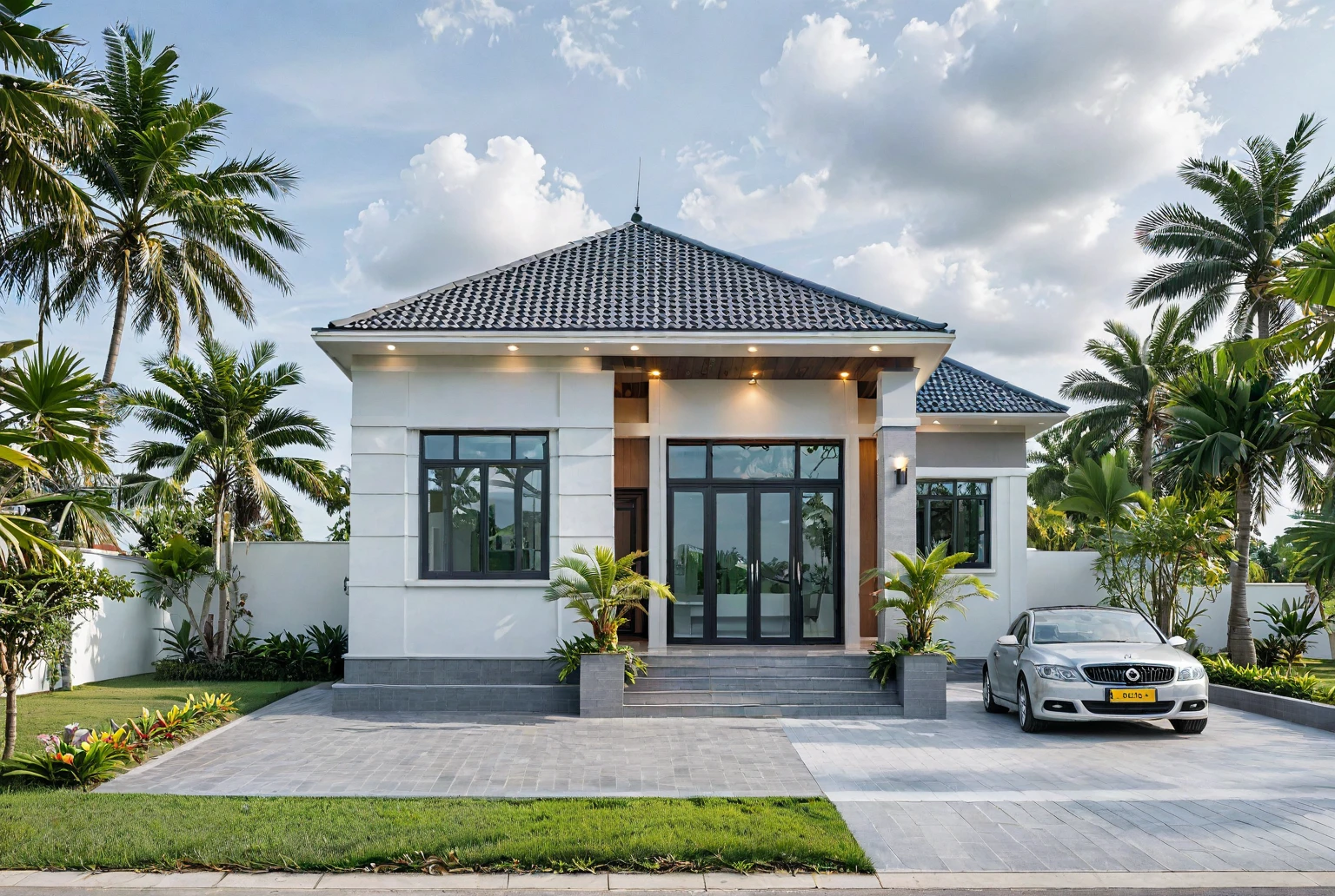 Raw photo,Masterpiece, high quality, best quality, authentic, super detail,
exterior, outdoors, house, Nhamainhat, aiaigroup on the tropical garden, minimalist line,onestoreyvilla, modern style, gray tile roof
brick yard,grass,tropical trees, sky, (day:1.1),Tropical garden background