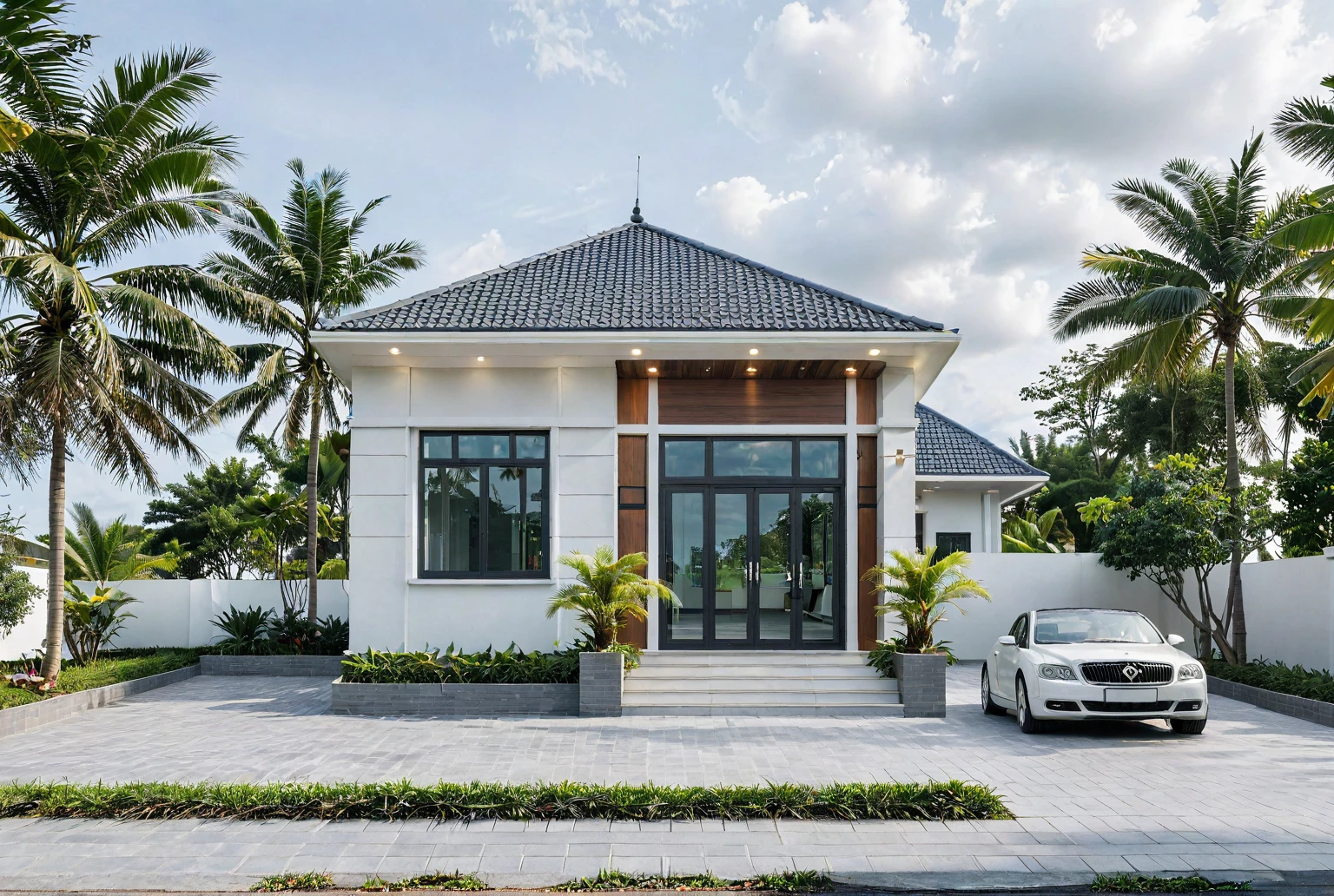 Raw photo,Masterpiece, high quality, best quality, authentic, super detail,
exterior, outdoors, house, Nhamainhat, aiaigroup on the tropical garden, minimalist line,onestoreyvilla, modern style, gray tile roof
brick yard,grass,tropical trees, sky, (day:1.1),Tropical garden background
