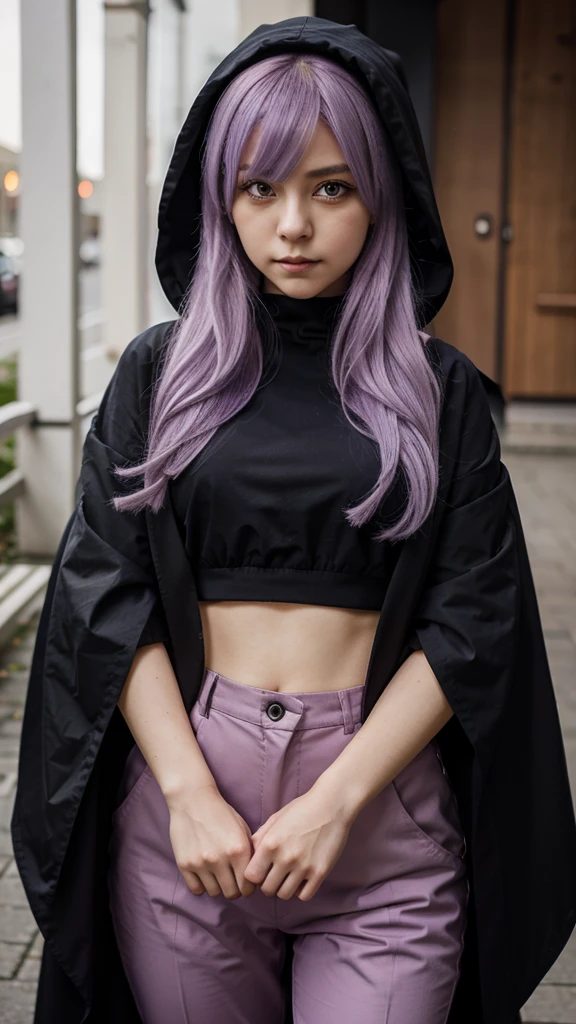 Girl with litte lilac hair, Black pants and blouse underneath Black cloak from Akatsuki, orange eyes