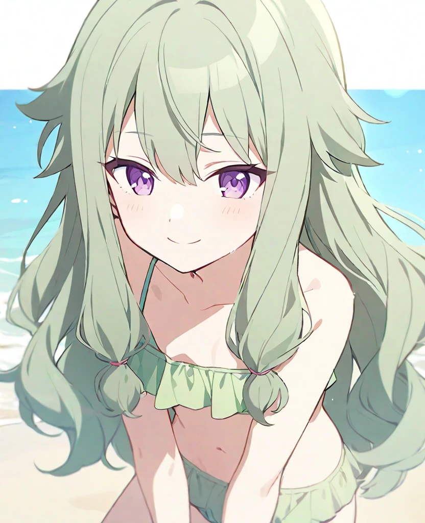 One girl,alone,kusanagi nene,Green Hair,Purple Eyes,Swimwear,project sekai,long hair,cute,cute,smile,nsfw,