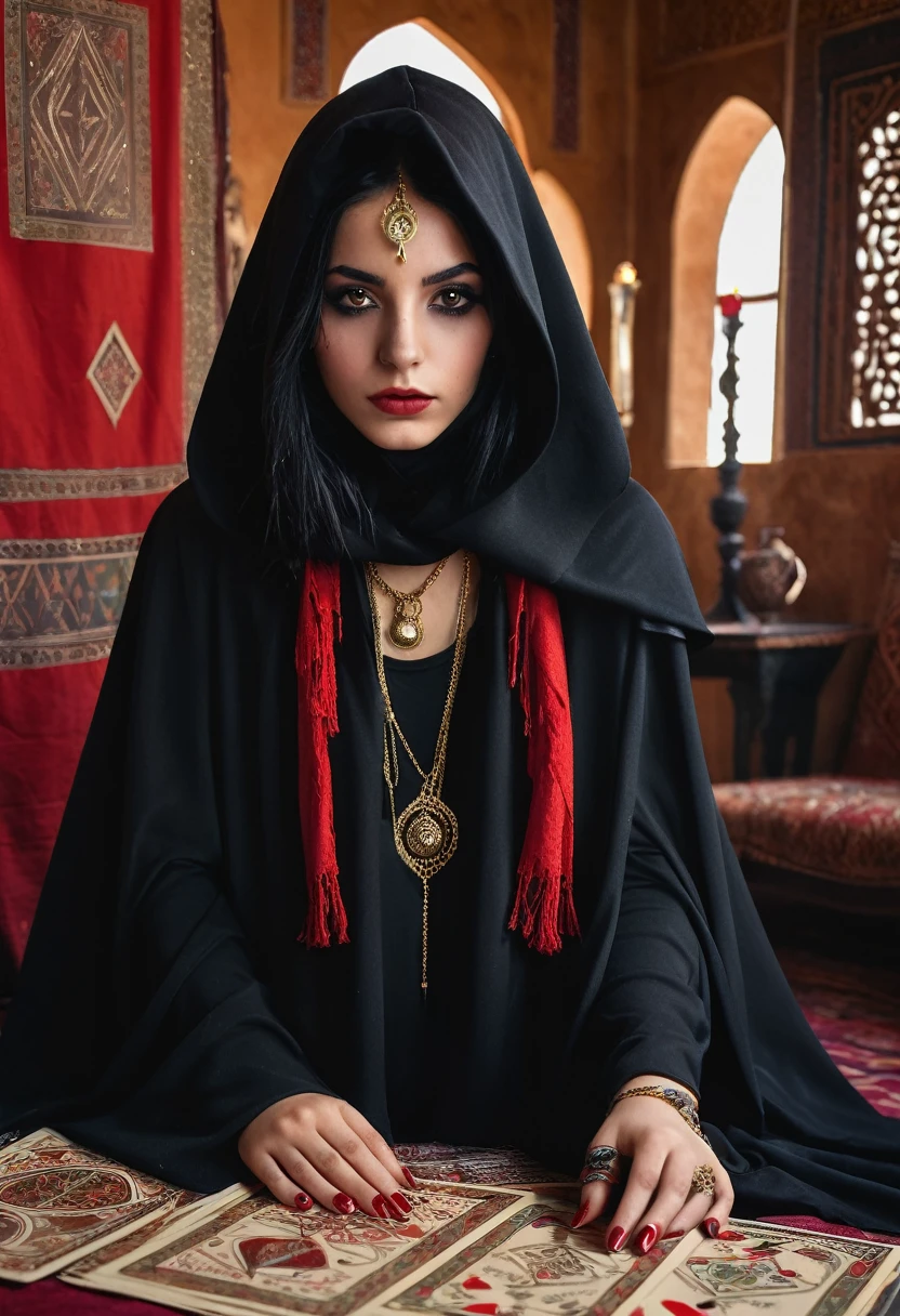 young witch of the desert 15 years old, in the Arab room, black long cape with a hood falling over the eyes, scarf covering lips and nose, black and red lines on the face, black smudged makeup, You can't see the eyes, black hair, black outfit, eye tattoo under collarbone, gold jewelry, full length, fortune telling cards in hand