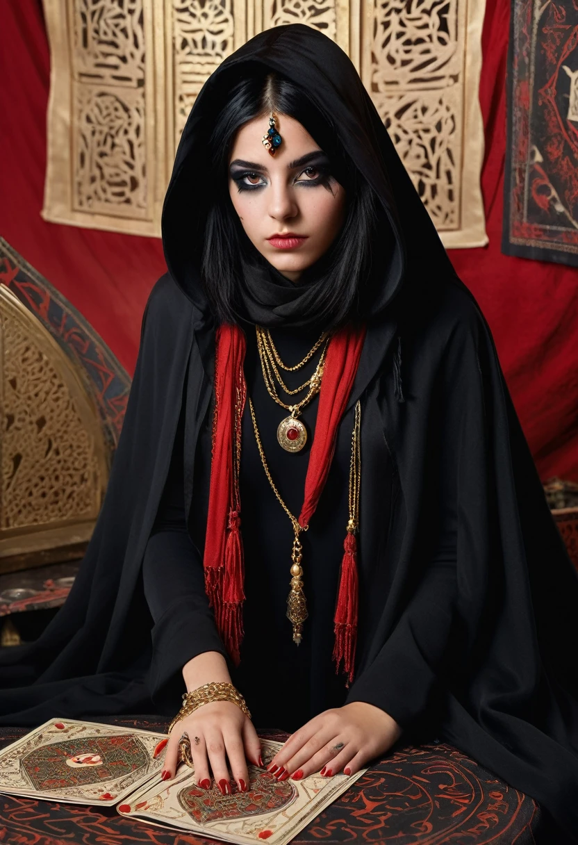 young witch of the desert 15 years old, in the Arab room, black long cape with a hood falling over the eyes, scarf covering lips and nose, black and red lines on the face, black smudged makeup, You can't see the eyes, black hair, black outfit, eye tattoo under collarbone, gold jewelry, full length, fortune telling cards in hand