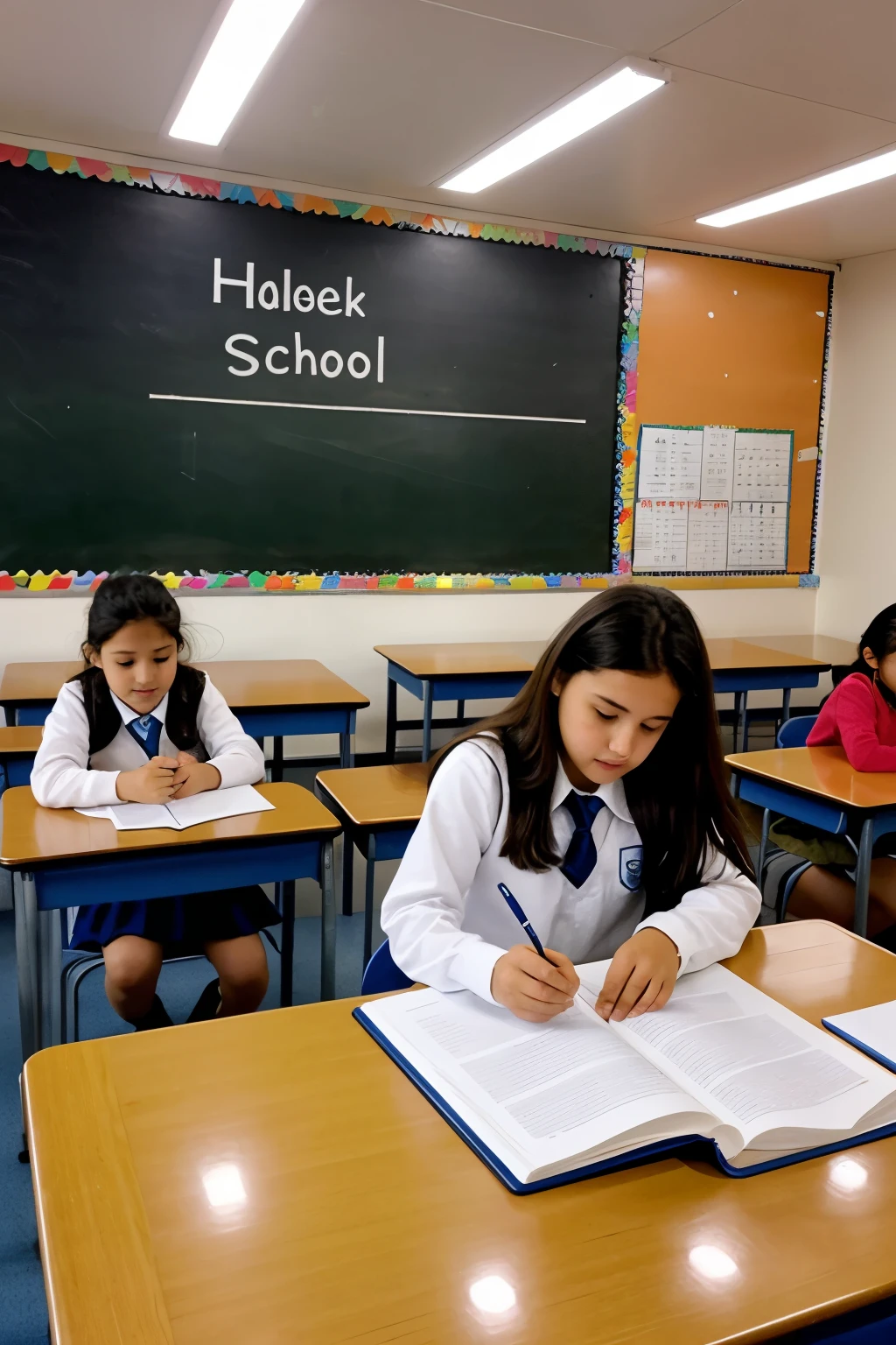 ((Best quality)), ((school)), (detailed), where you can find relief plates for maps and plans, thick markers and cards with large font for writing, hearing and touch are used to access visual information, assistive technologies to facilitate communication and learning 5- Ensure that all areas of the school have adequate lighting for students with low vision.
6- Promote autonomy and confidence in students.